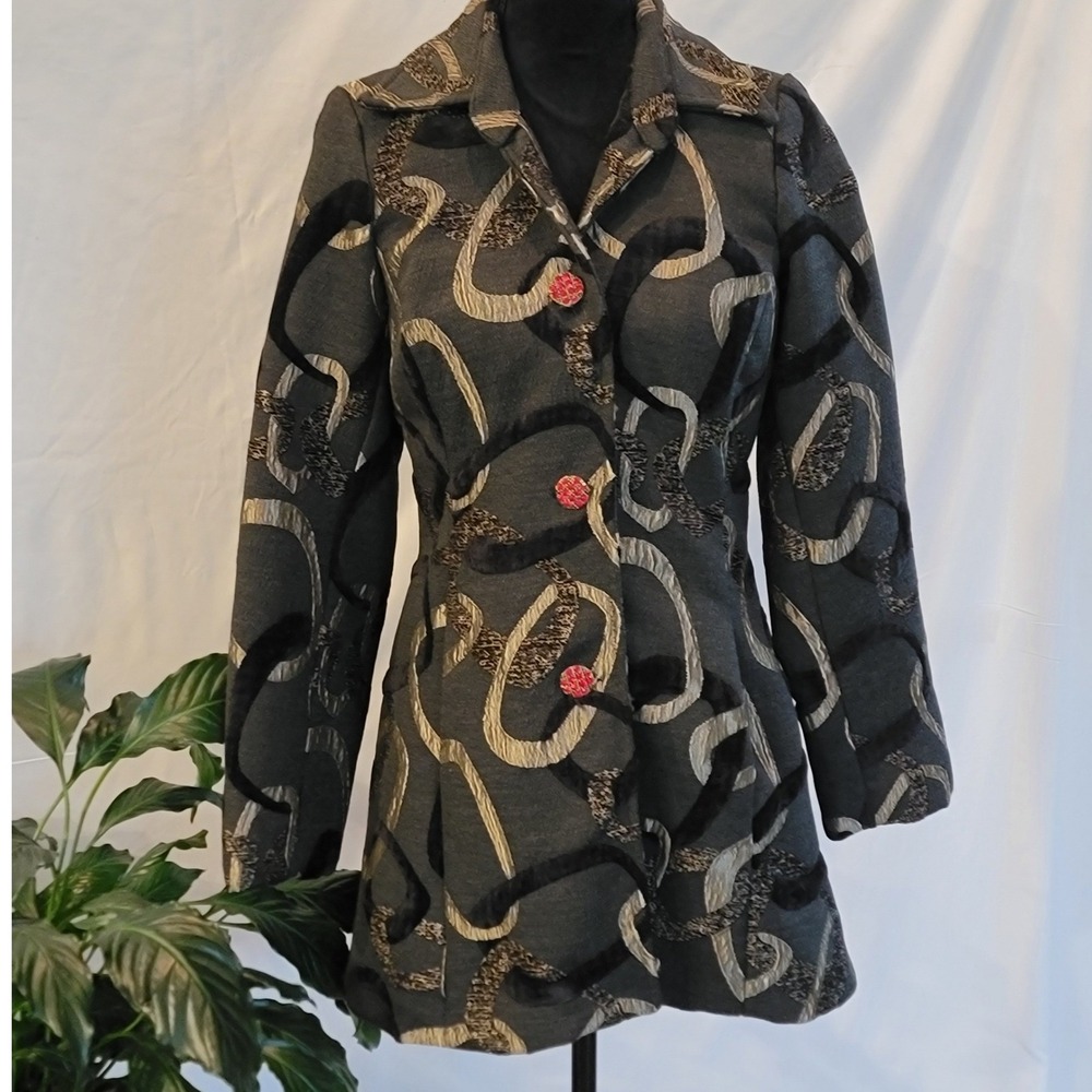 3‎ Sisters Womens Grey Jacquard Abstract Chain Coat Red Rhinestone Small